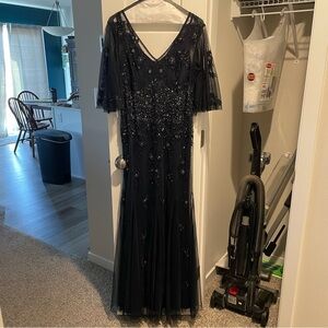 Adrianna Papell Navy Blue Beaded Evening Gown